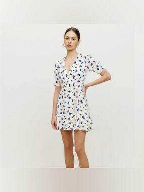 Reformation Lucky Wrap Mini Summer Dress in White Blue Dalmatian Print Size S